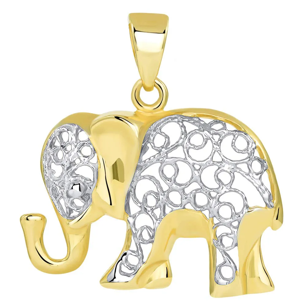 14k Gold Elegant Filigree Two Tone Elephant Pendant with Cuban Chain Necklace - Yellow Gold