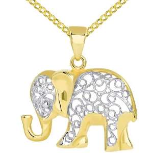 14k Gold Elegant Filigree Two Tone Elephant Pendant with Cuban Chain Necklace - Yellow Gold