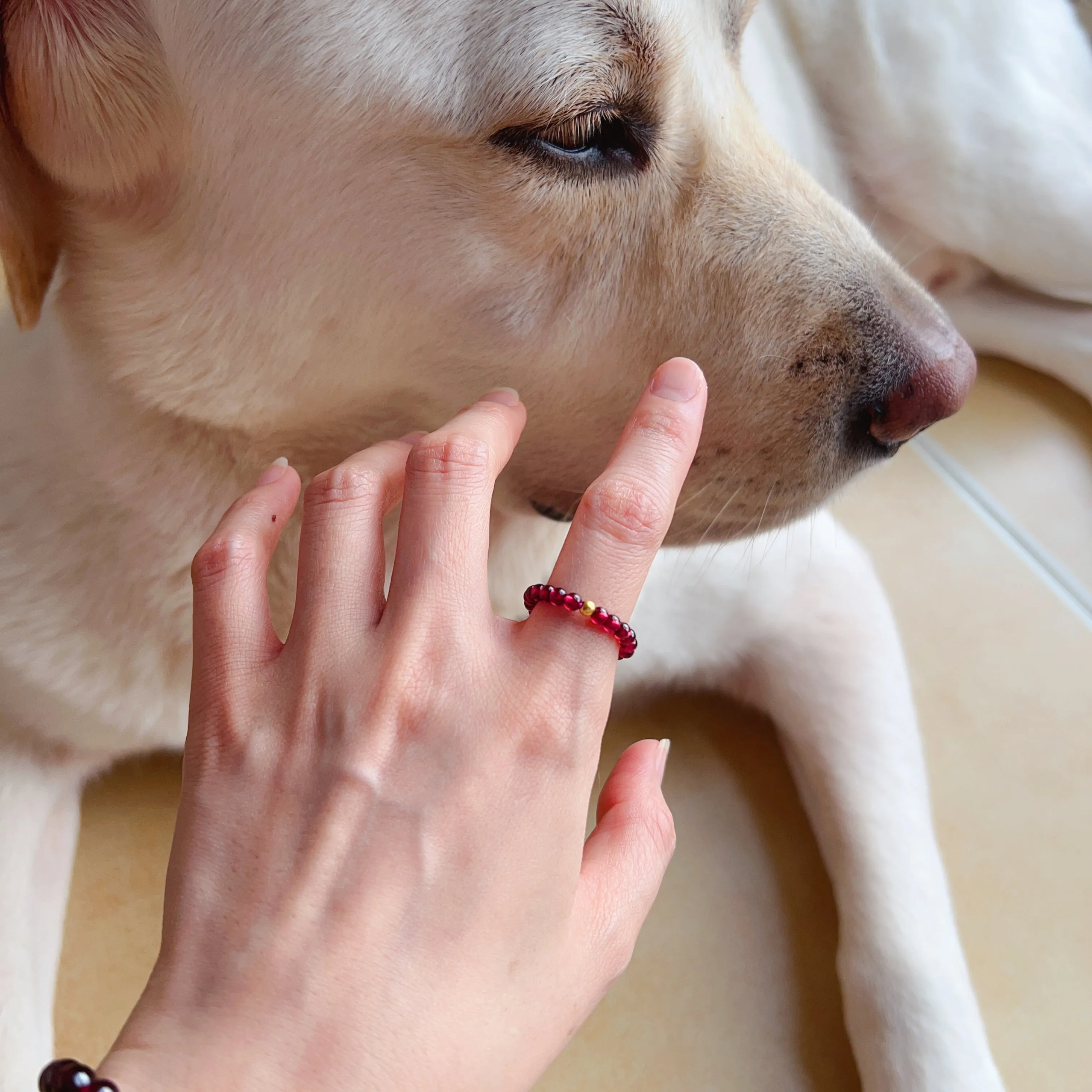 3mm Protection Red Garnet Crystal Ring with 18K Yellow Gold Bead | Root Chakra Healing Stone Jewelry