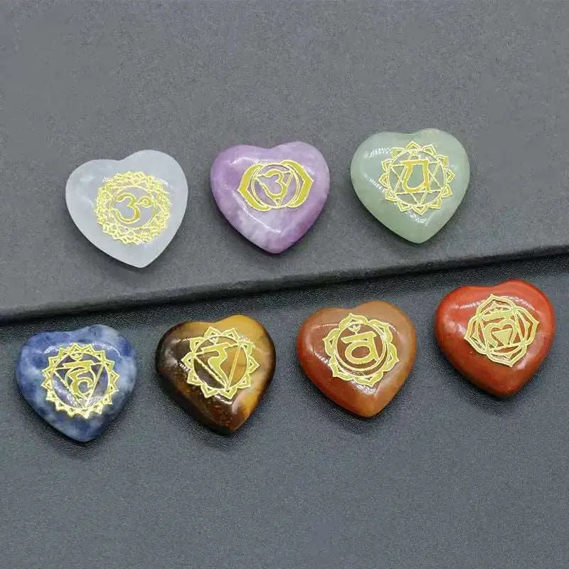 7Pcs Heart Chakra Natural Crystal Stones Quartz Set Engraved Symbols Yoga Stone for Jewelry Making Reiki Healing Meditation