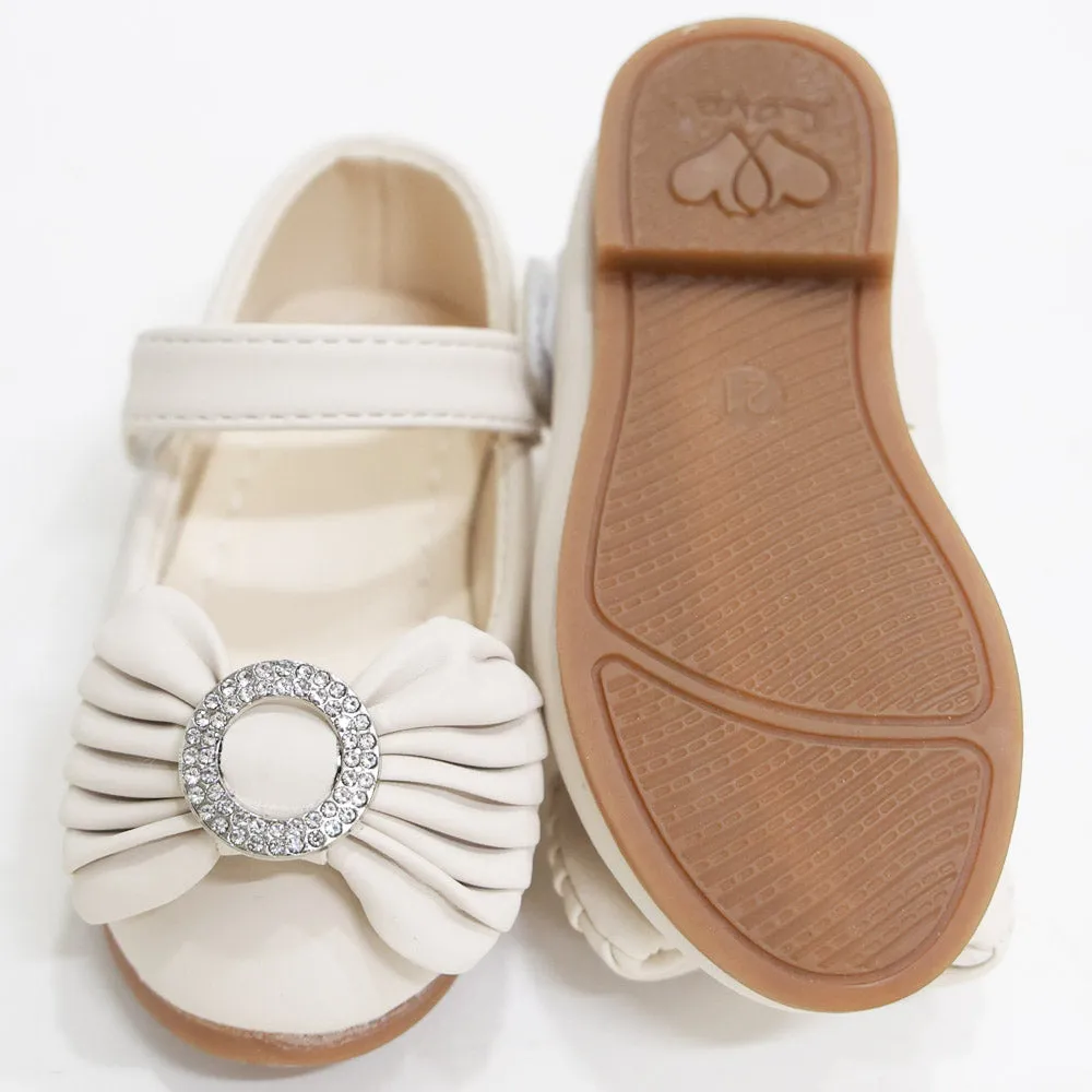 Beige Bow Embellished Velcro Closure Ballerina