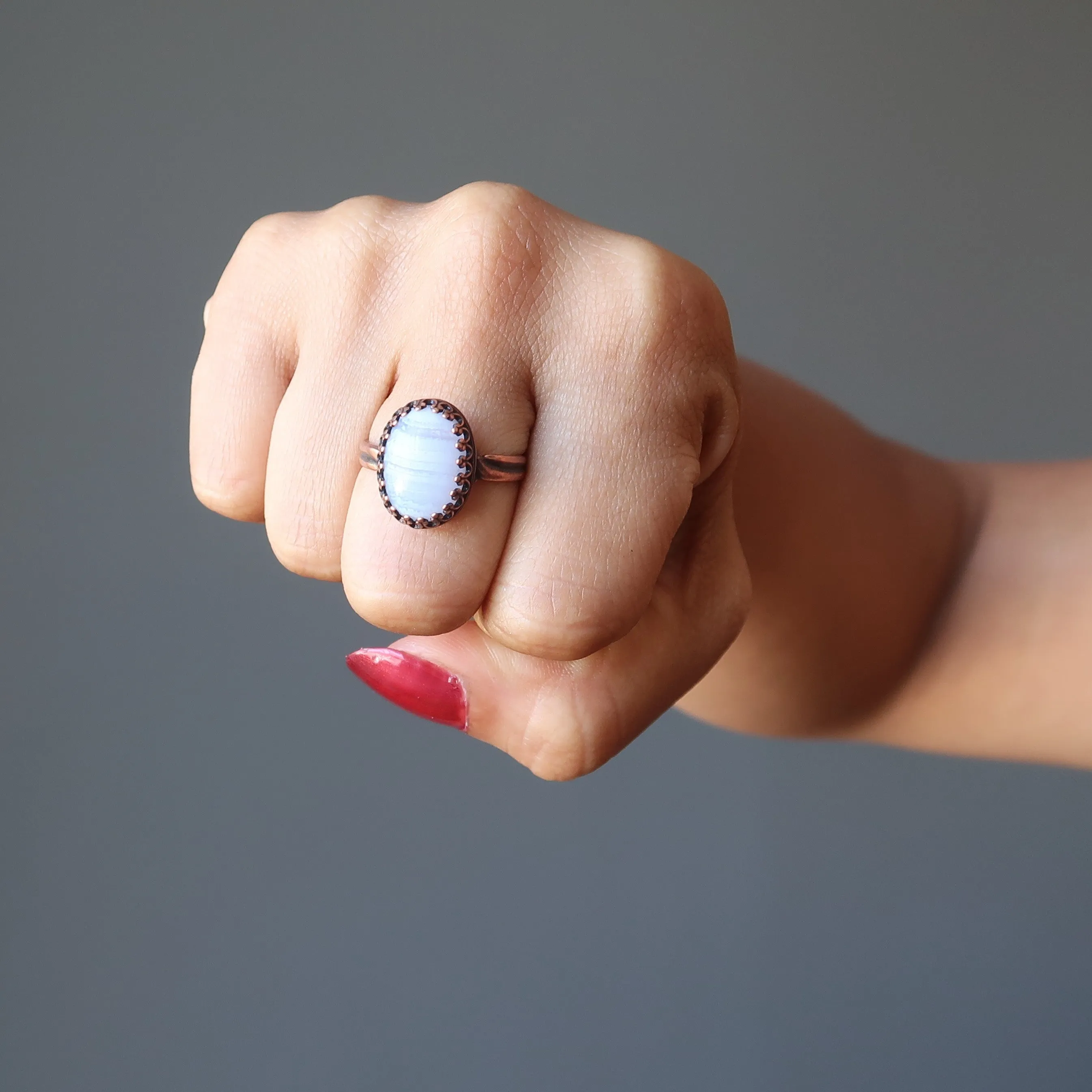 Blue Lace Agate Ring Calm Antique Copper Adjustable