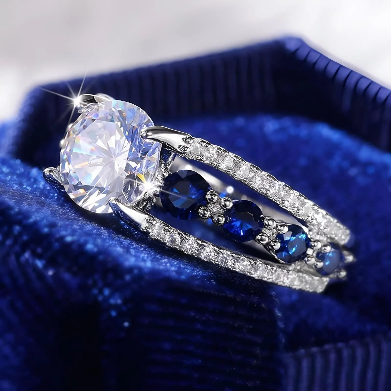 Blue White Round CZ  Ring