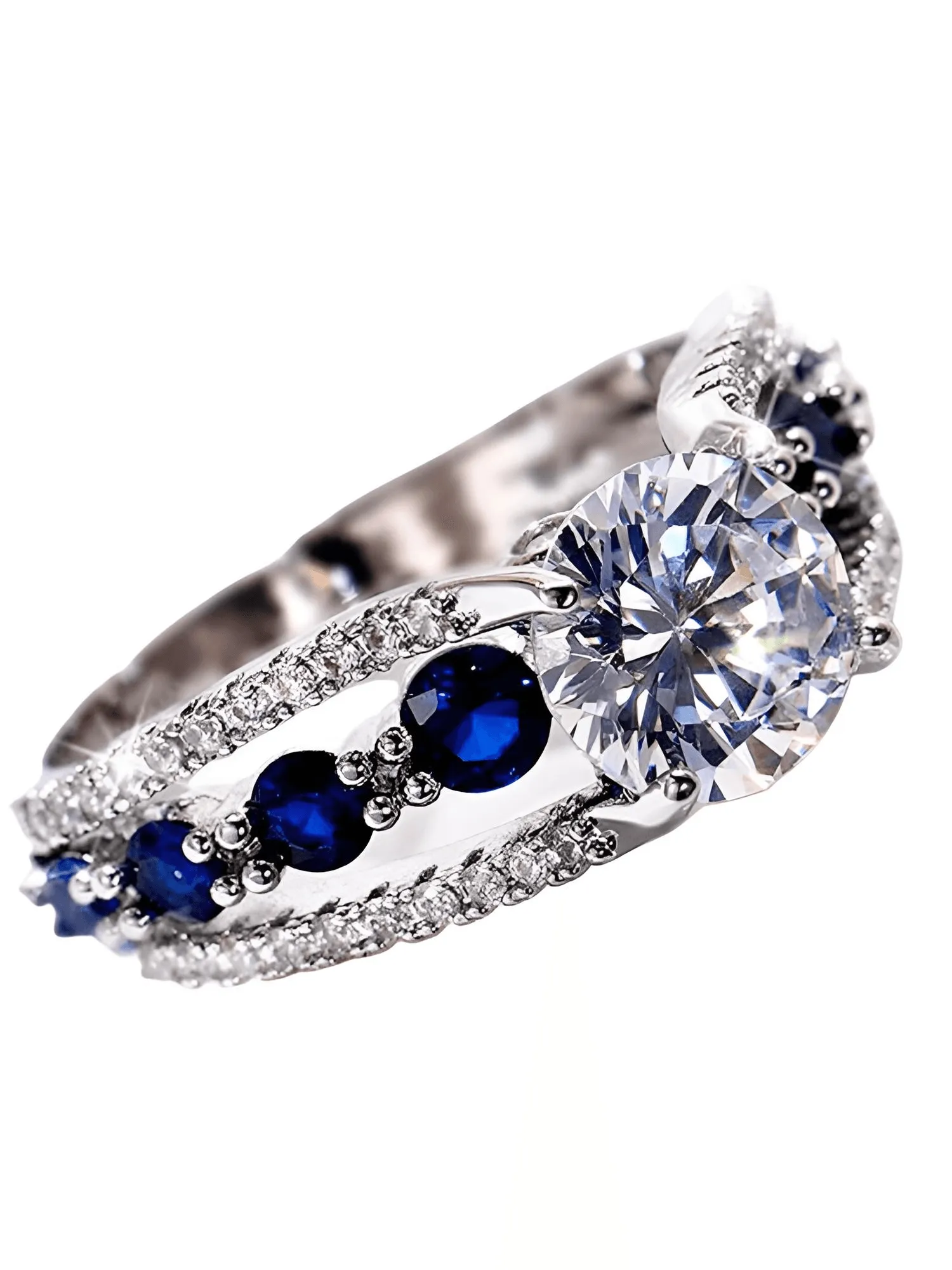 Blue White Round CZ  Ring