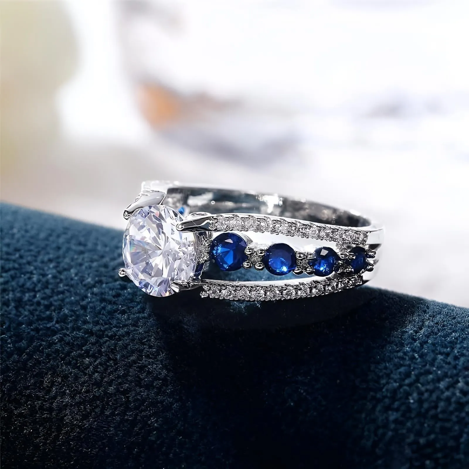 Blue White Round CZ  Ring