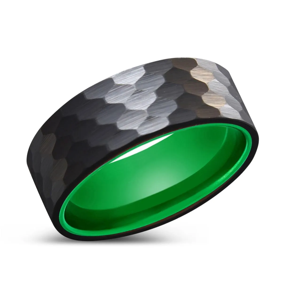 DRAGONFLY | Green Ring, Black Tungsten Ring, Hammered, Flat