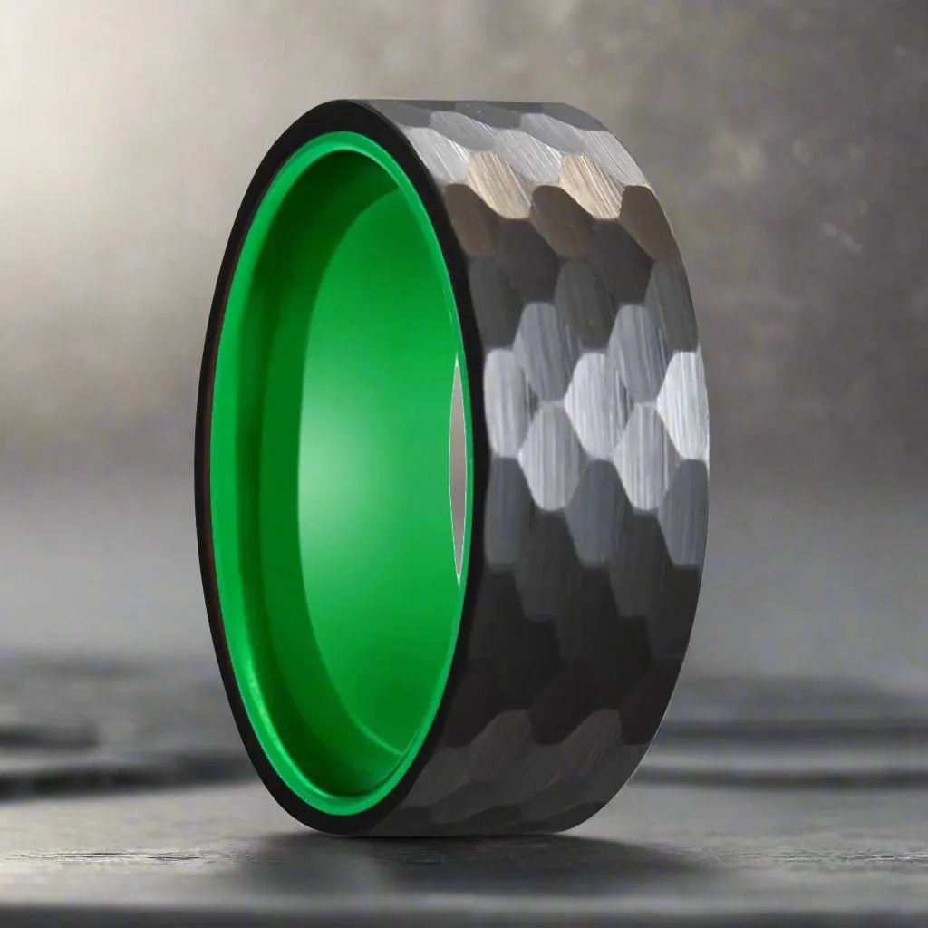 DRAGONFLY | Green Ring, Black Tungsten Ring, Hammered, Flat