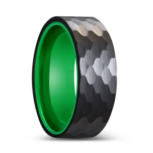 DRAGONFLY | Green Ring, Black Tungsten Ring, Hammered, Flat