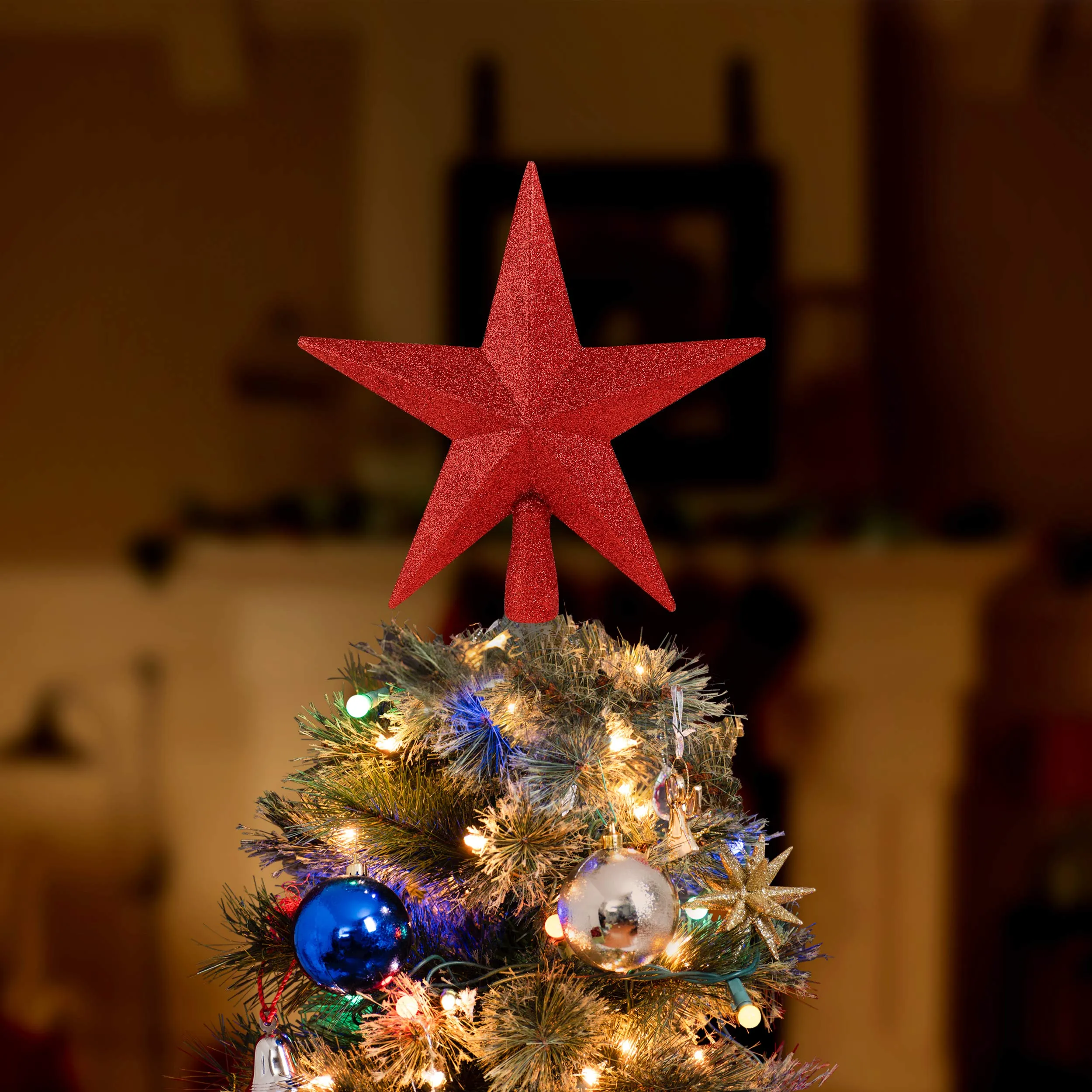 Glitter Star Tree Topper - Christmas Red Decorative Holiday Bethlehem Star Ornament