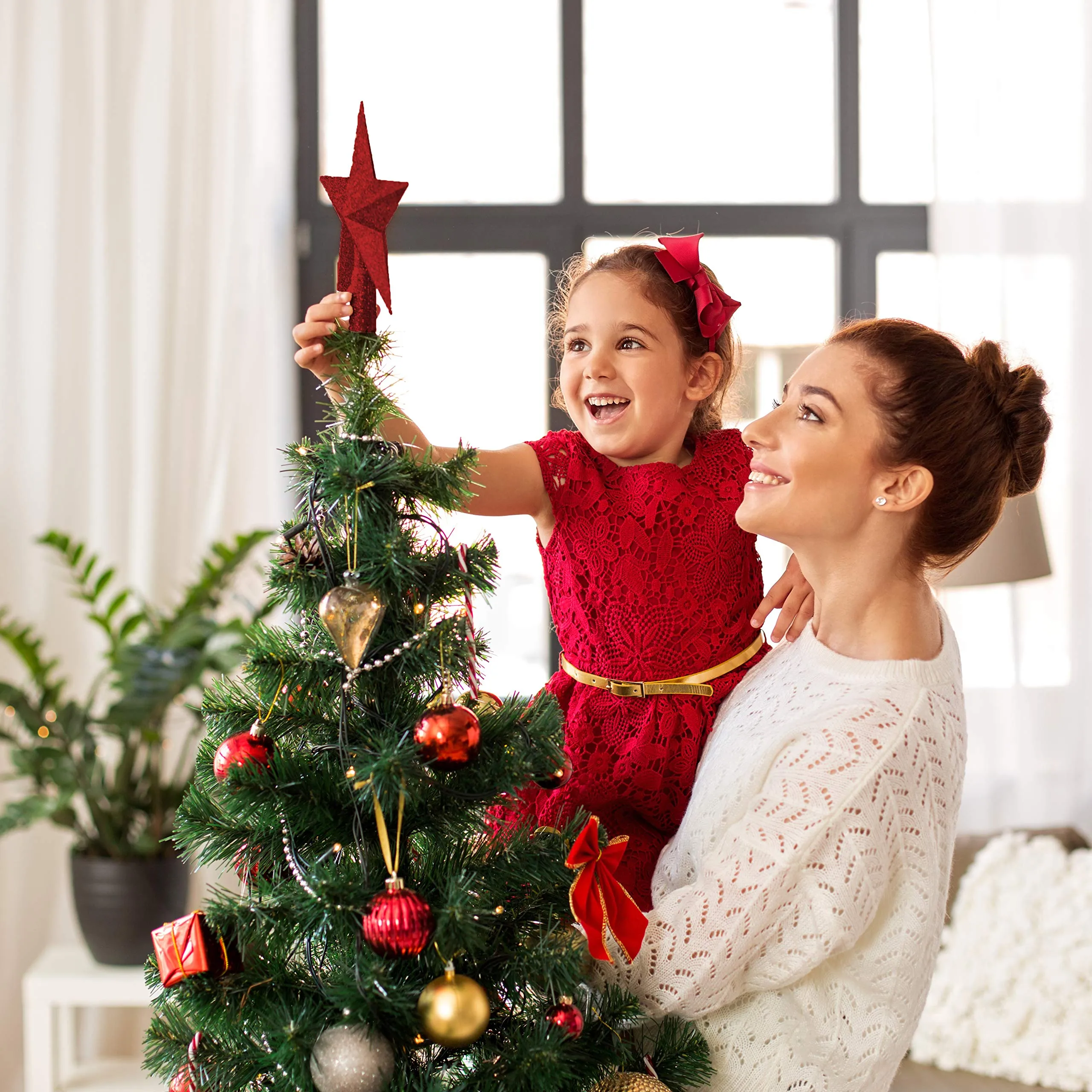 Glitter Star Tree Topper - Christmas Red Decorative Holiday Bethlehem Star Ornament