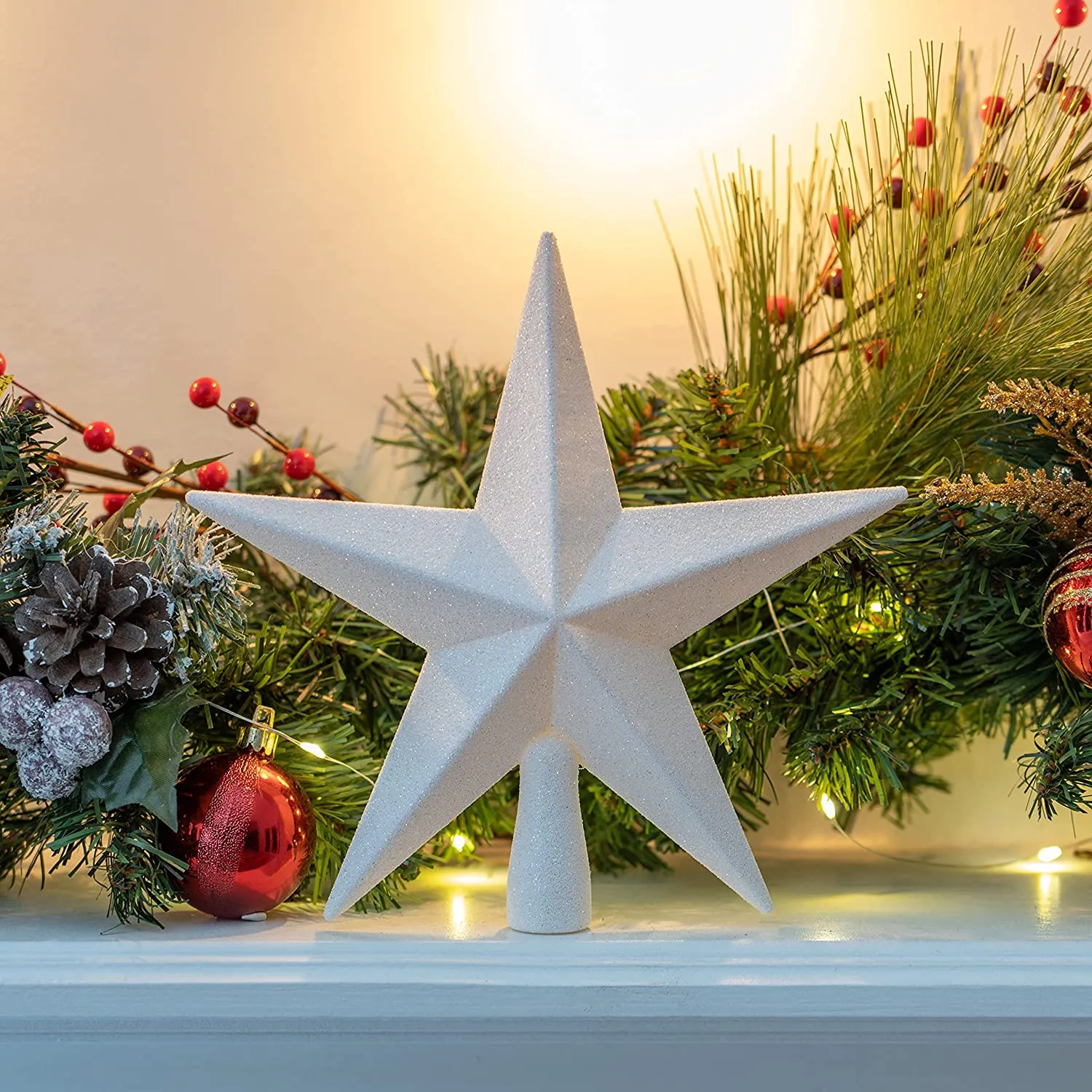 Glitter Star Tree Topper - Christmas White Decorative Holiday Bethlehem Star Ornament