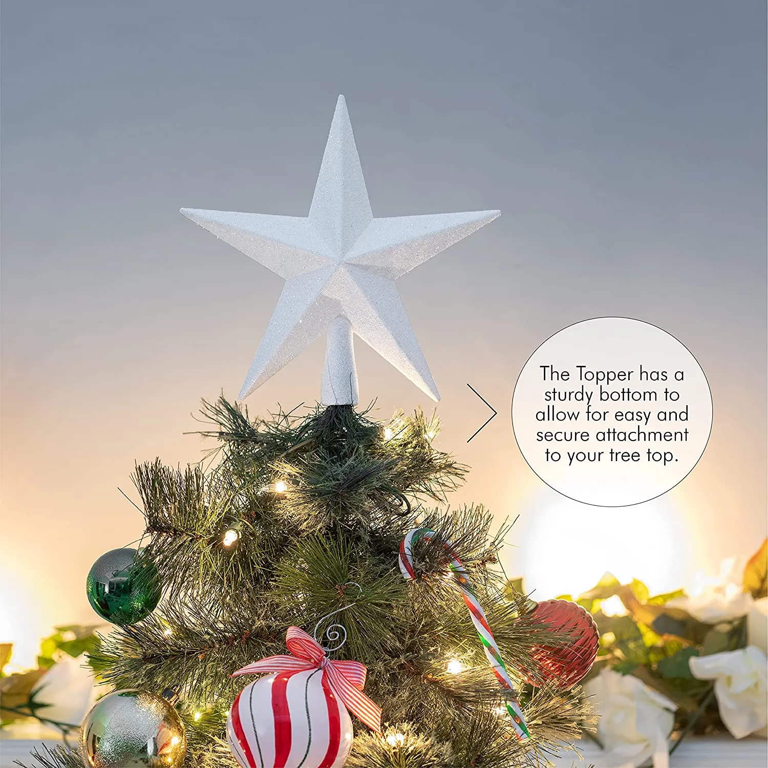 Glitter Star Tree Topper - Christmas White Decorative Holiday Bethlehem Star Ornament