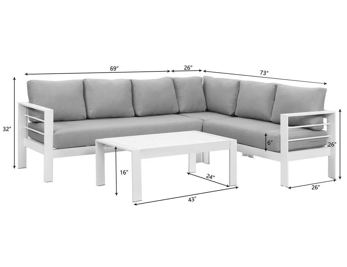 Heynemo 4 Pieces Outdoor Aluminum Furniture Set, Patio Sectional Sofa Couch - Conversation Set with Coffee Table and Sofa, White