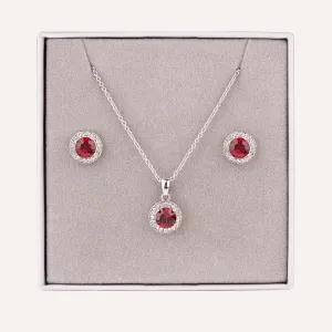 July Ruby-Colour Birthstone Necklace & Earring Set In Silver-Tone