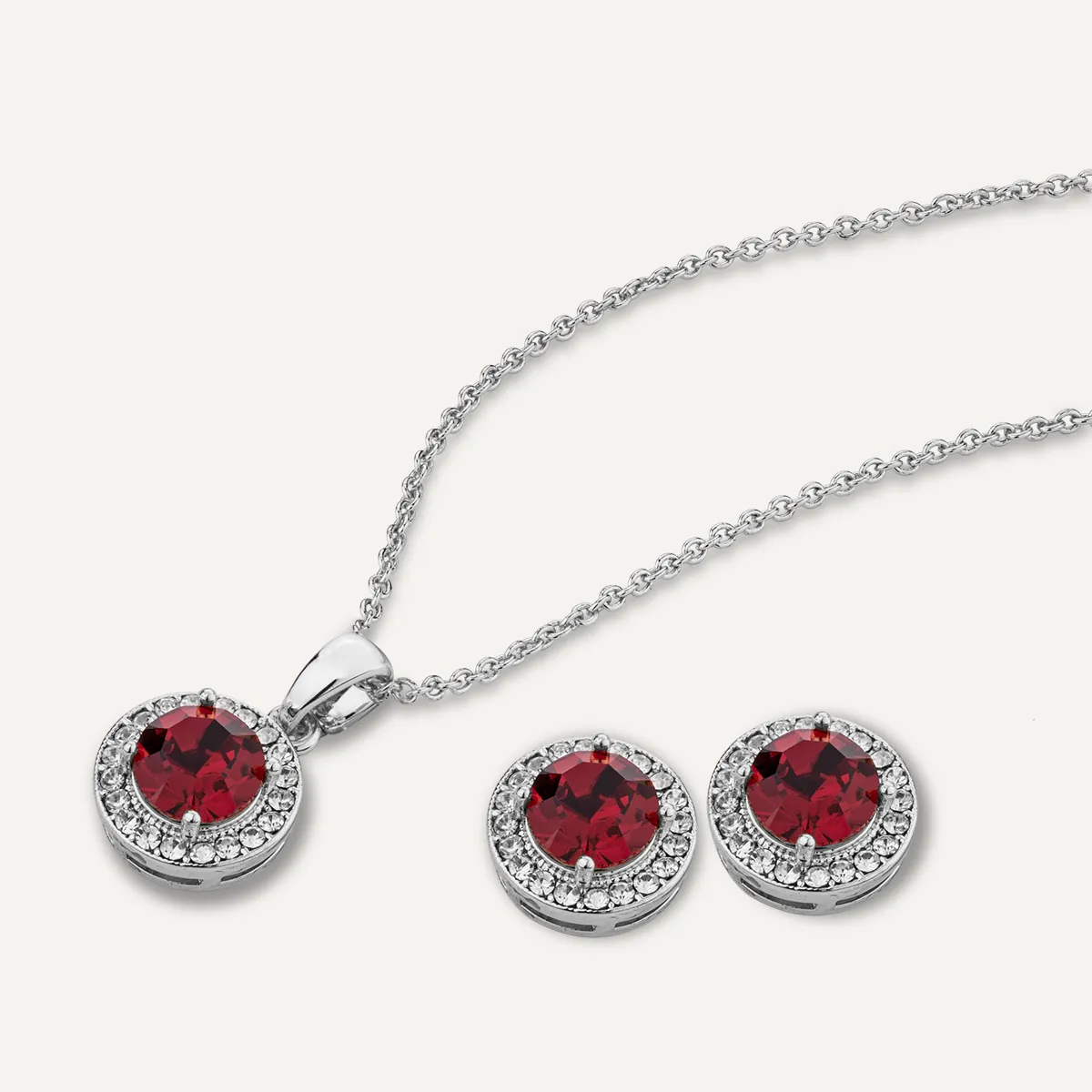 July Ruby-Colour Birthstone Necklace & Earring Set In Silver-Tone