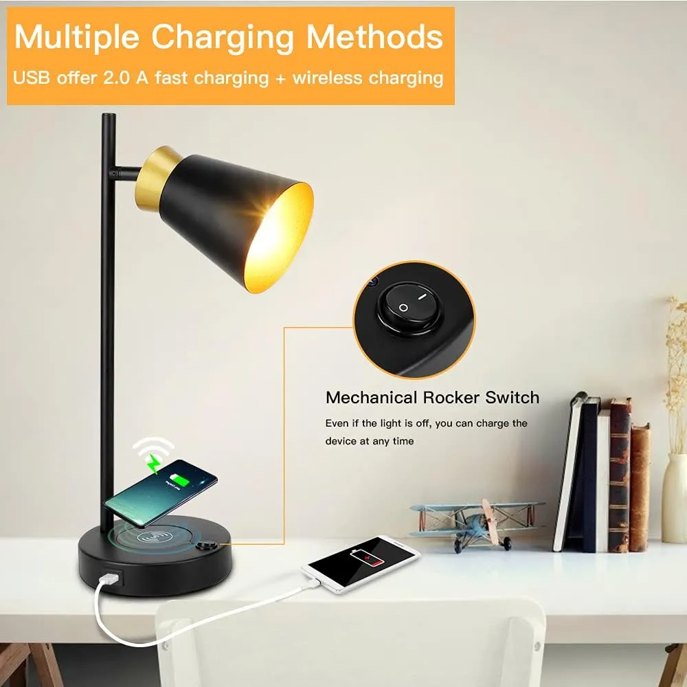 LED Desk Lamp, 5W E14 Table Lamp with Wireless Charger and USB Charging Port