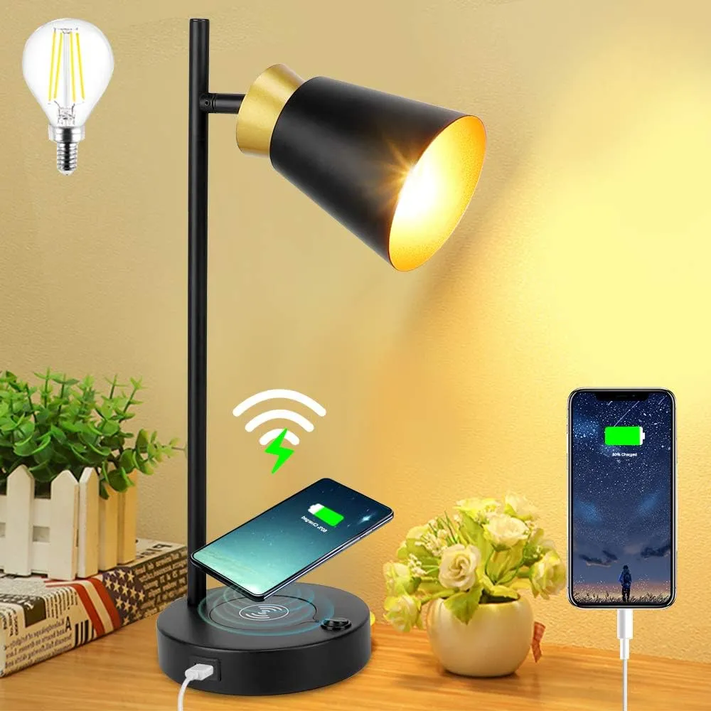 LED Desk Lamp, 5W E14 Table Lamp with Wireless Charger and USB Charging Port