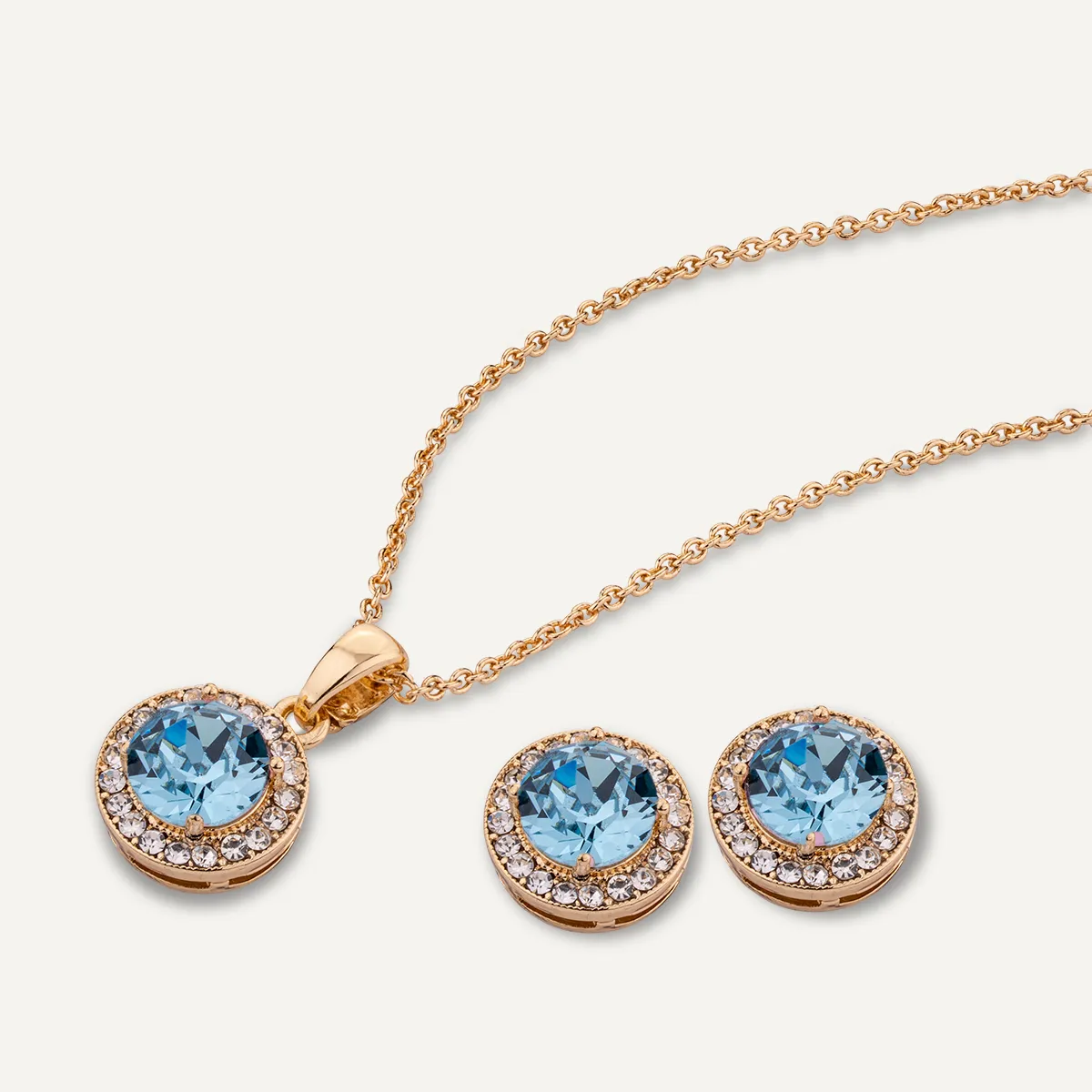 March Aquamarine-Colour Birthstone Necklace & Earring Set In Gold-Tone