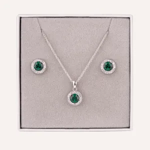 May Emerald-Colour Birthstone Necklace & Earring Set In Silver-Tone