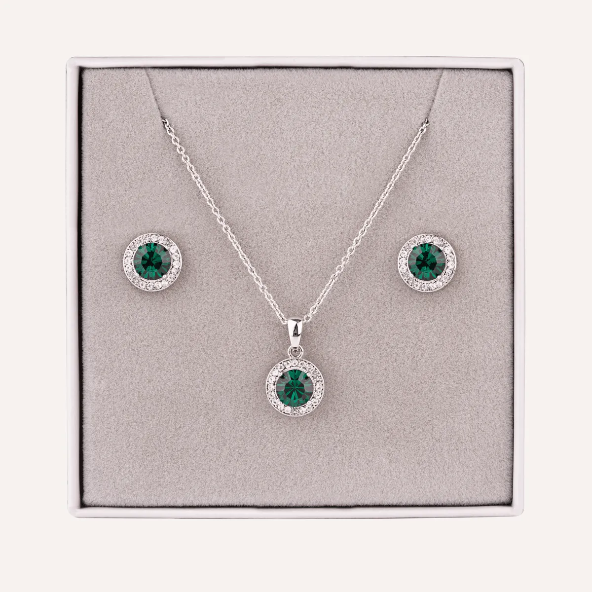 May Emerald-Colour Birthstone Necklace & Earring Set In Silver-Tone