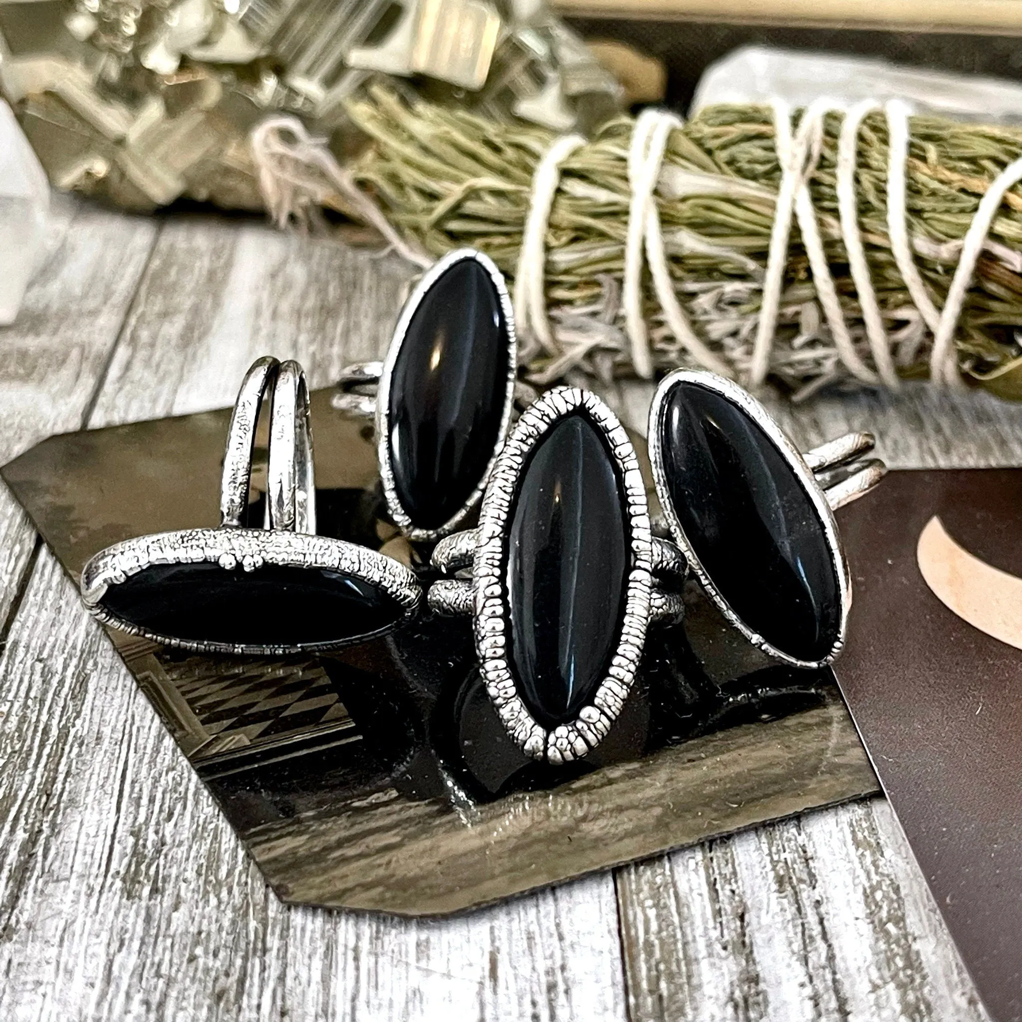 Oval Black Onyx Stone Ring in Fine Silver Size 6 7 8 9 / Foxlark Collection