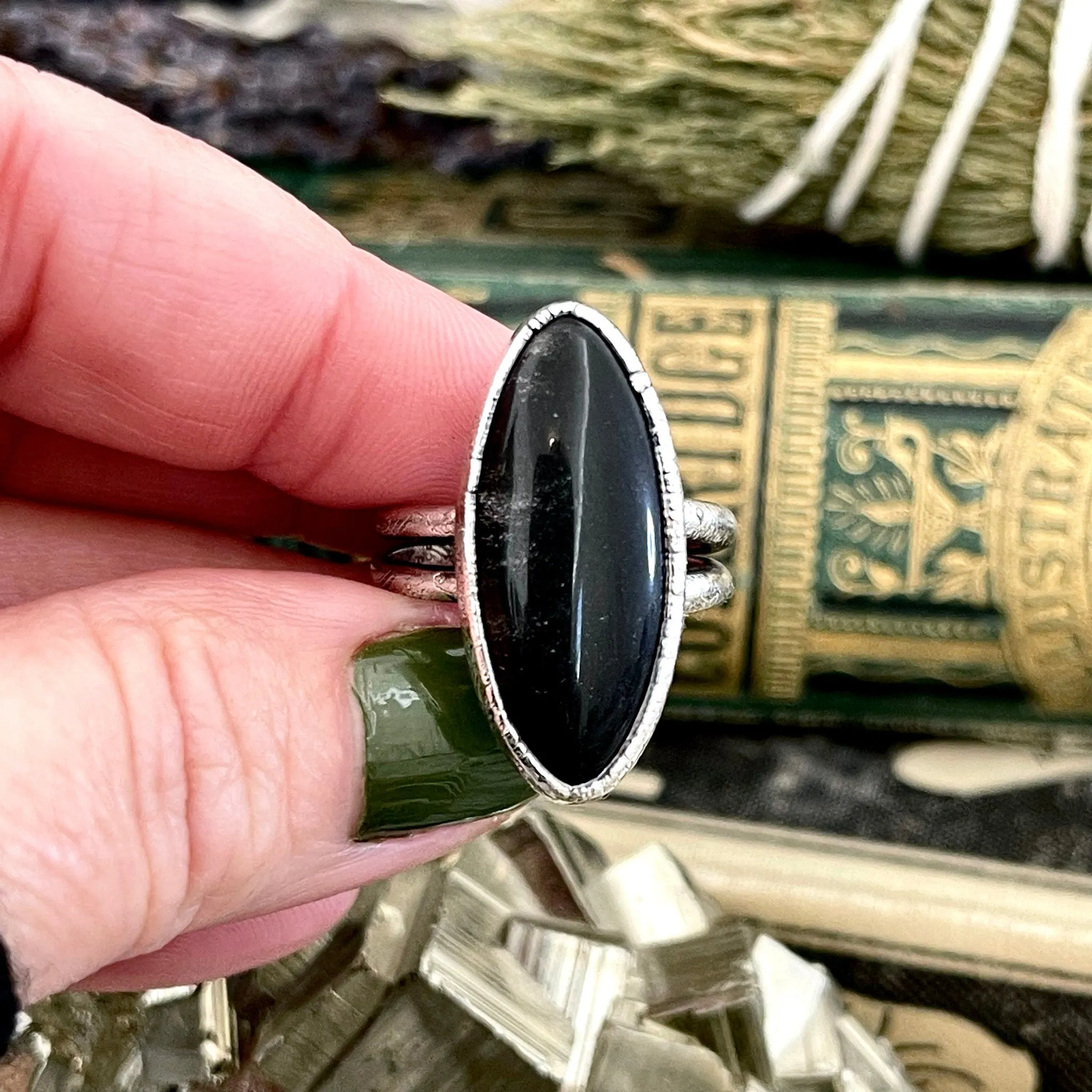 Oval Black Onyx Stone Ring in Fine Silver Size 6 7 8 9 / Foxlark Collection