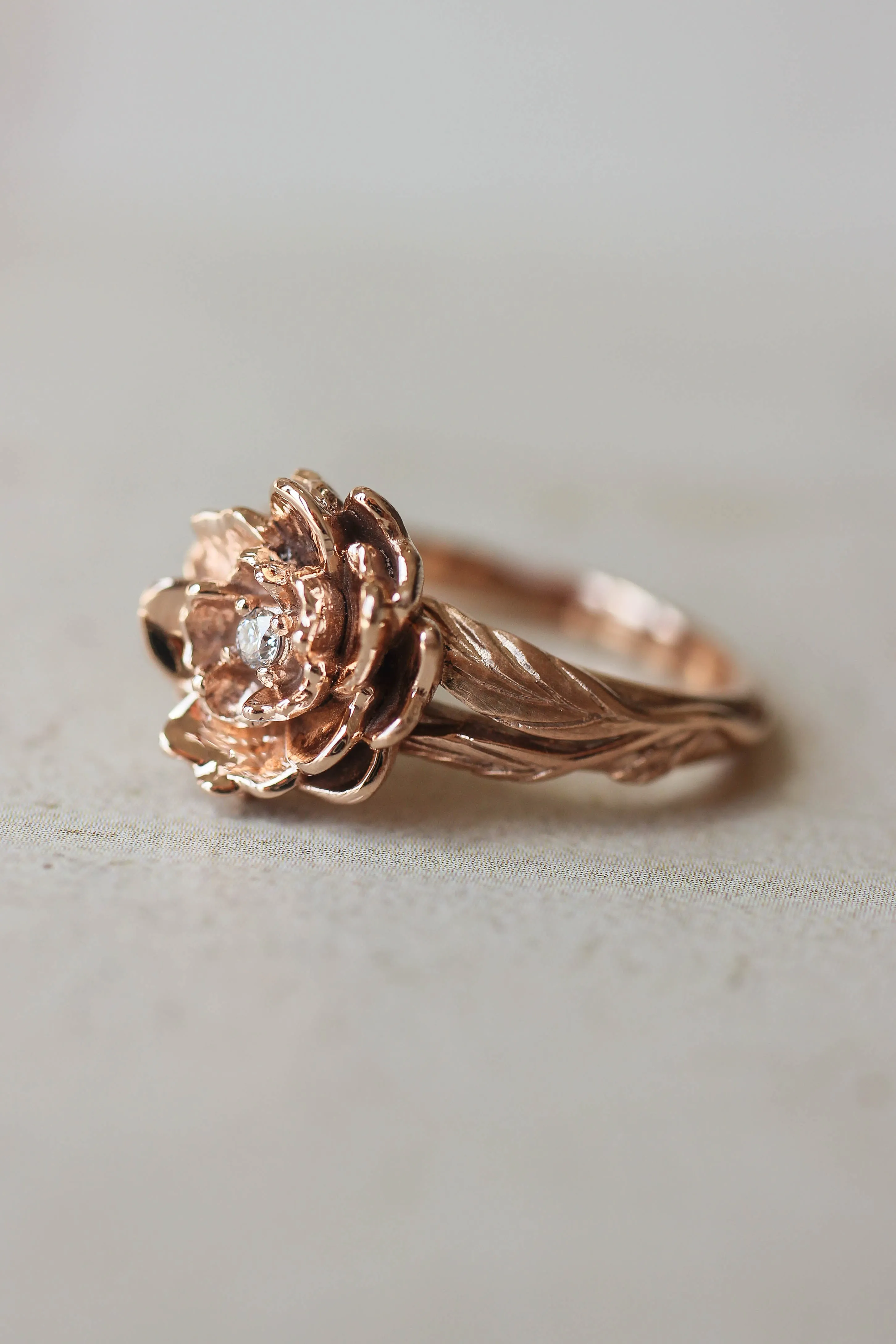 Peony flower engagement ring with diamond or moissanite