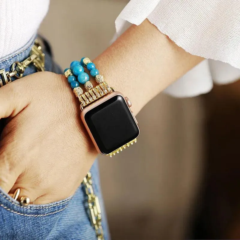 Rose Quartz Gold Beads Stretchy Apple Watch Band