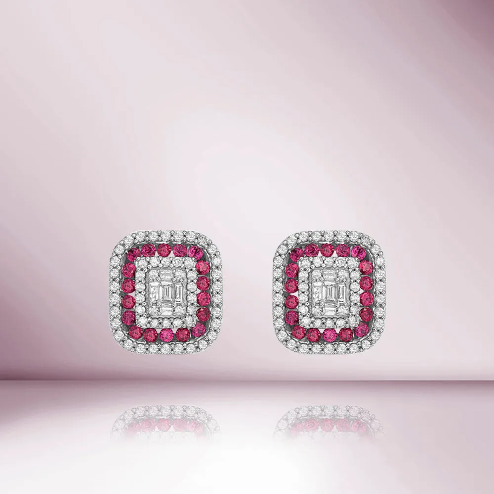 Triple Halo Diamonds & Rubies Rectangular Shape Studs Earrings (1.00 ct.) in 14K Gold