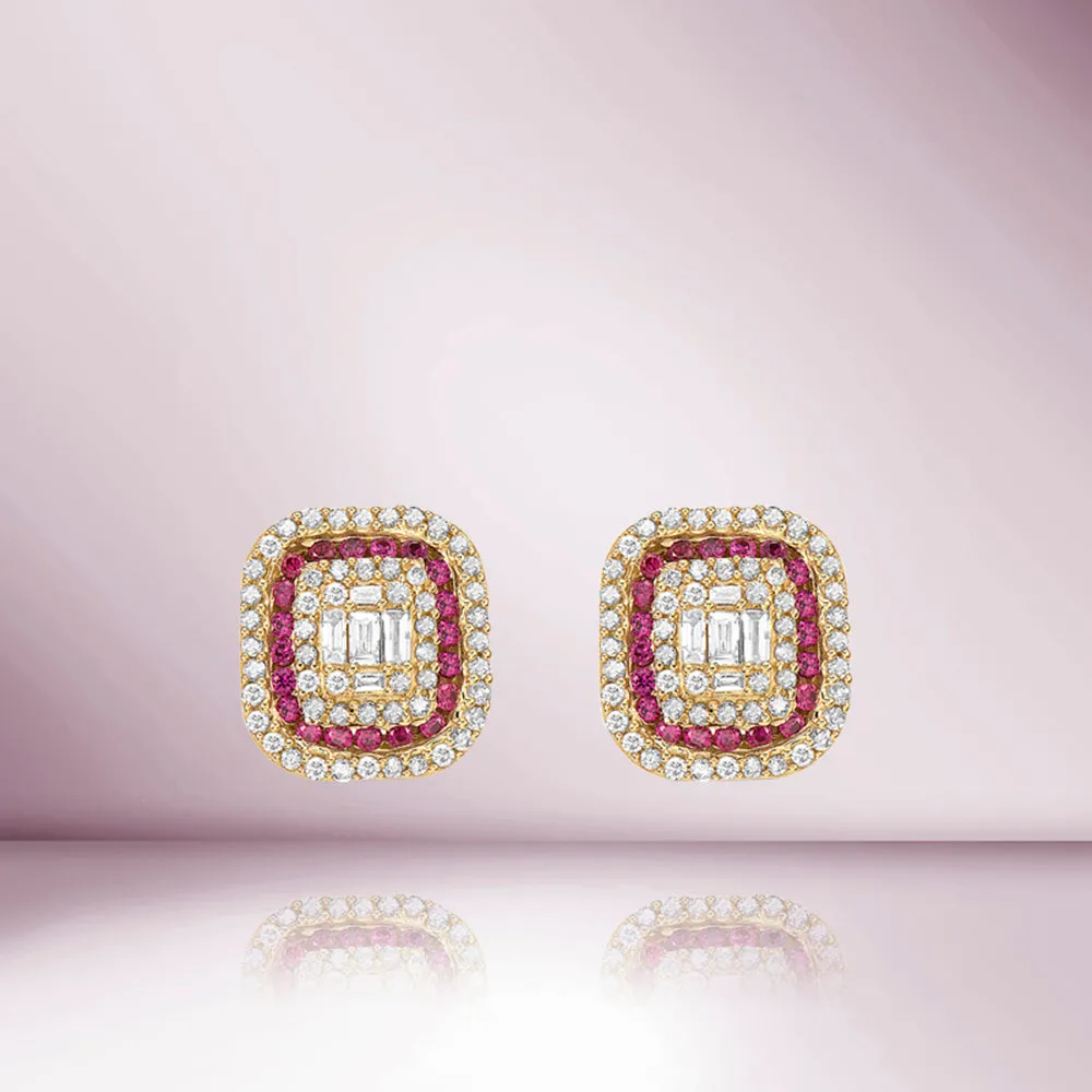 Triple Halo Diamonds & Rubies Rectangular Shape Studs Earrings (1.00 ct.) in 14K Gold