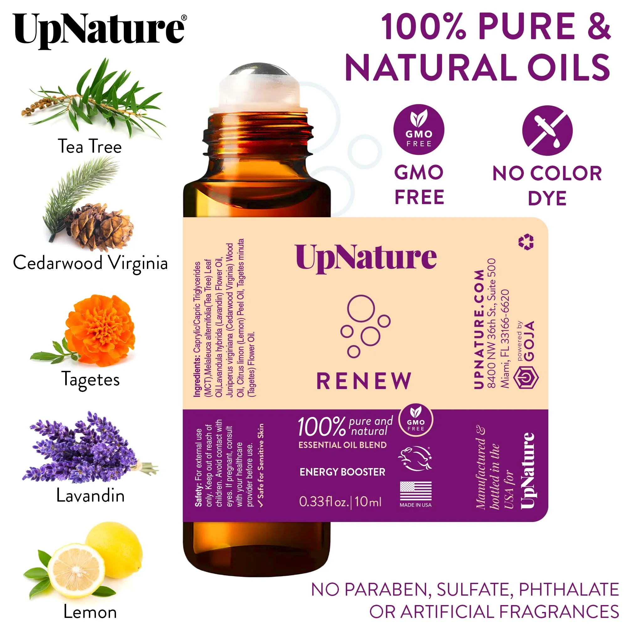 UpNature Renew Essential Oil Roll On Blend- 100% Natural Energy & Focus Booster - Essential Oils for Skin with Tea Tree, Lavender & Cedarwood Oil