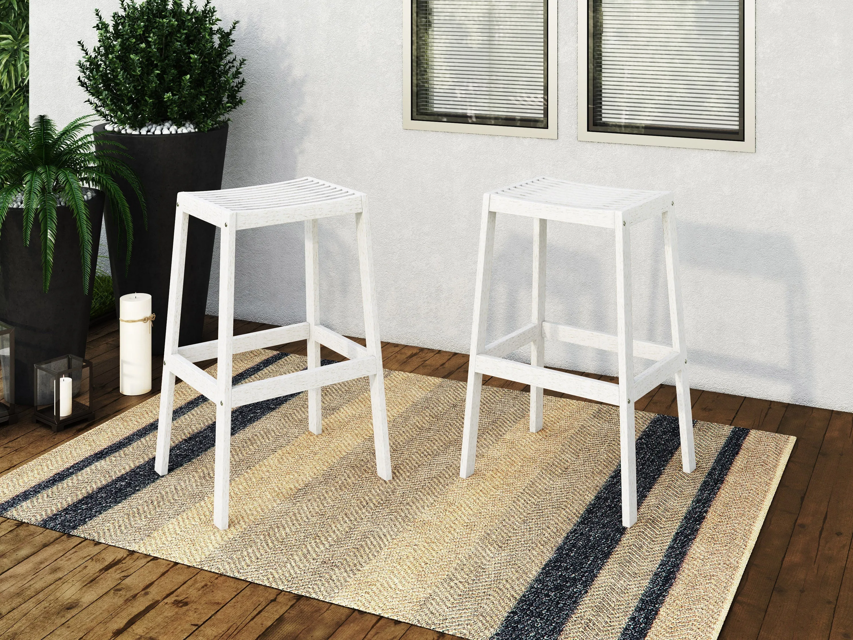 Washed White Natural Wood Bar Stools, Set of 2