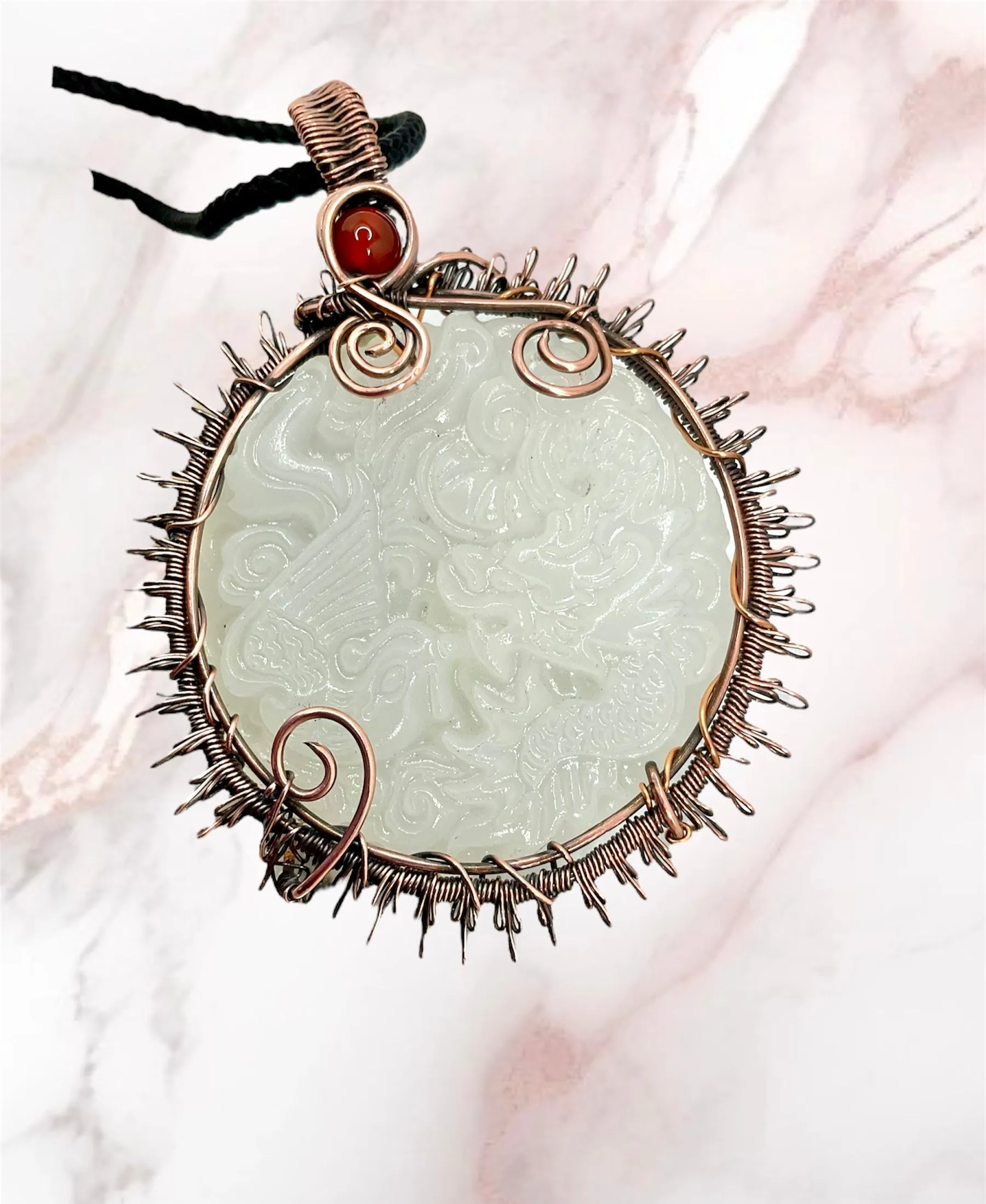 White Jade Phoenix & Dragon Sun Pendant